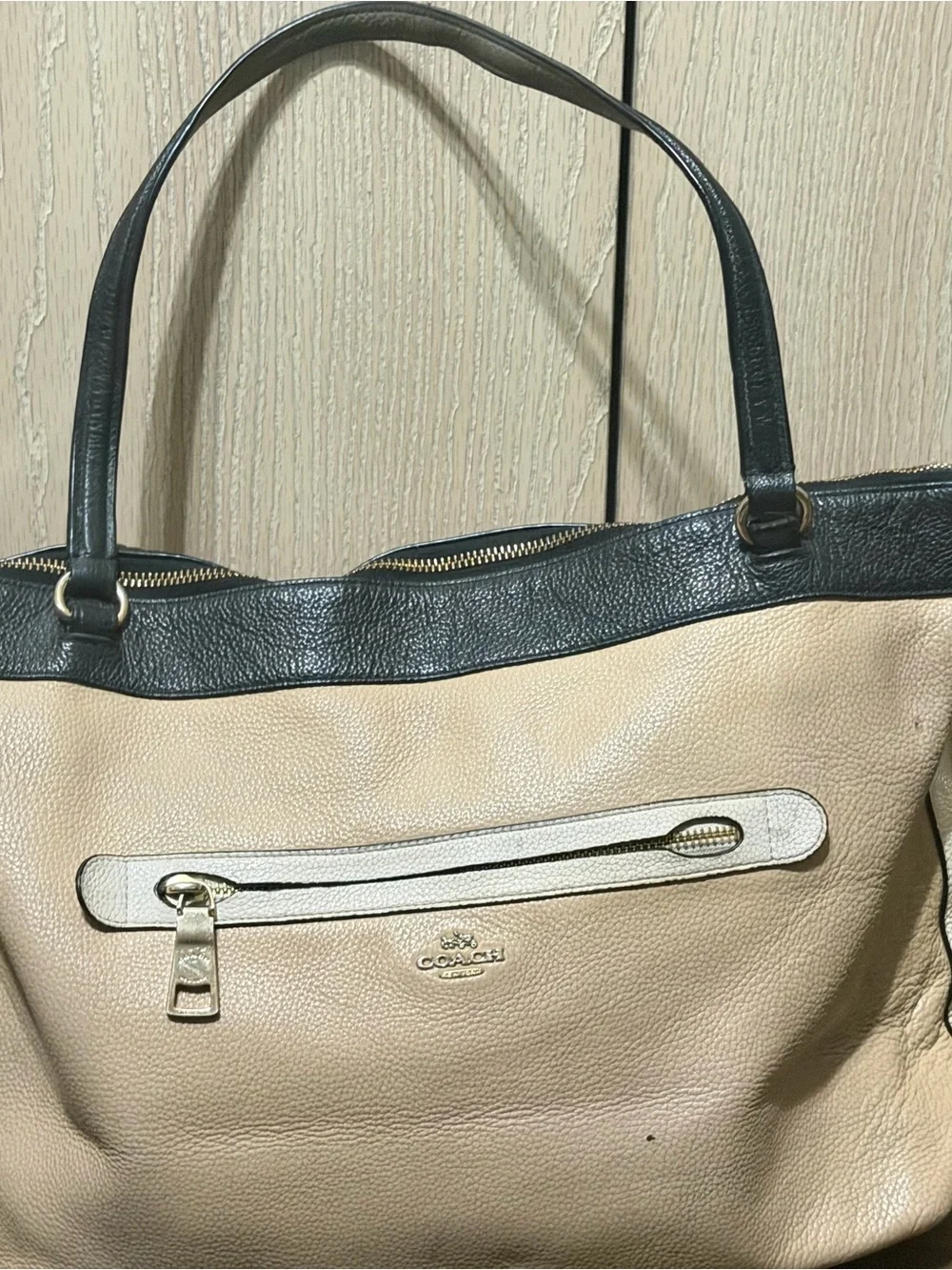 Coach Two-Tone Pebble Leather Shoulder Bag - Beige and Black
